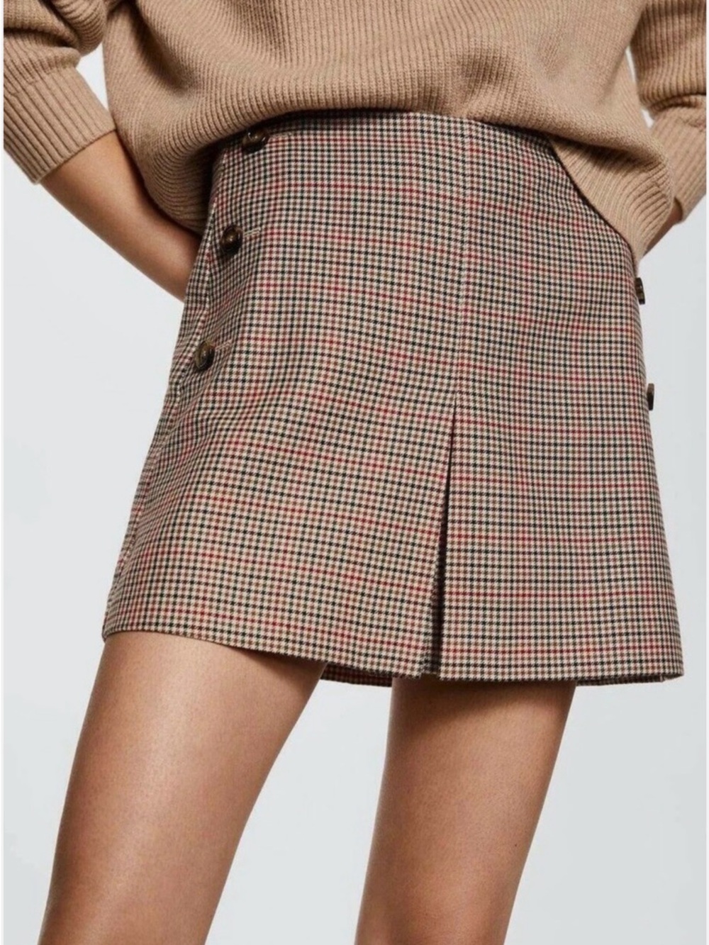 Houndstooth Mini Skirt Brown Plaid Button Front Pleated Size Small Preppy Chic